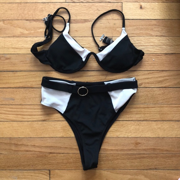 Zaful Other - Bikini black and white belted ribbed
